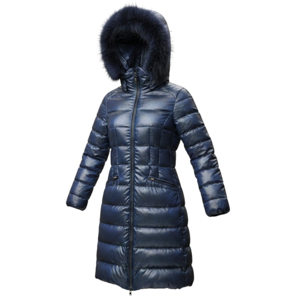 Wanko Duck Down Puffer Coat Womens M Blue Subtle Floral Jacquard Faux Fur Hooded